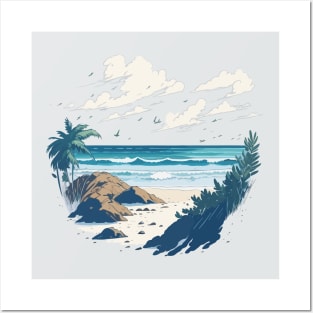 Tropical beach with palm trees and rocks. Posters and Art